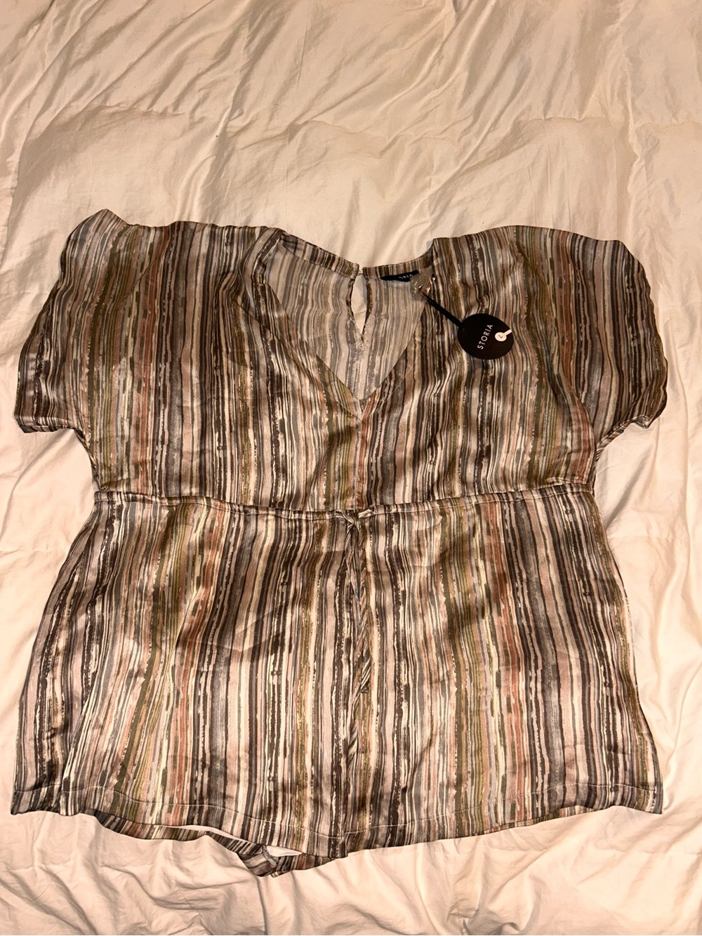 Boutique striped Short-Sleeve V-Neck Bodysuit Romper in Multi-Stripe